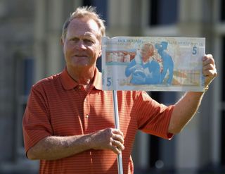 Nicklaus at the launch of the RBS Nicklaus fiver at St Andrews in 2005