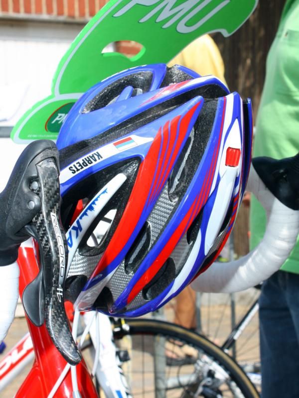 Katusha is using Lazer's latest Helium helmet with dual-density foam, fiber composite reinforcements and lighter and softer straps.