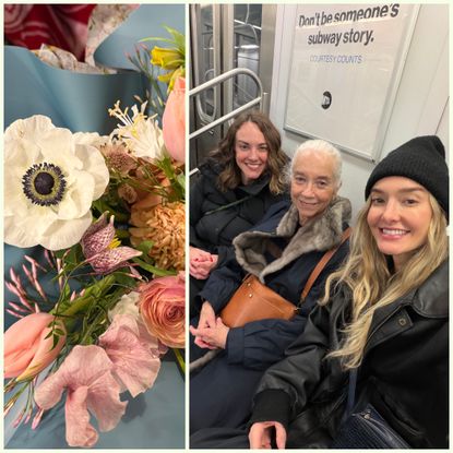 a still life of a flower bouquet next to three women on the subway