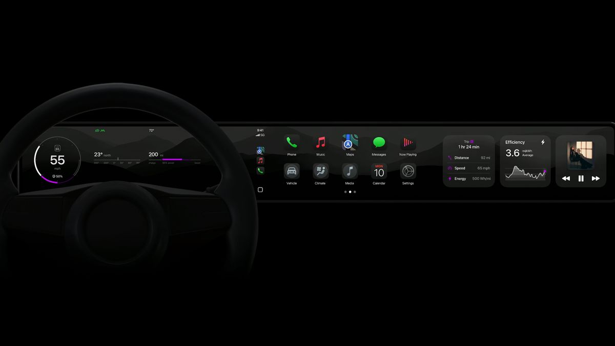 A car dashboard showing Apple CarPlay