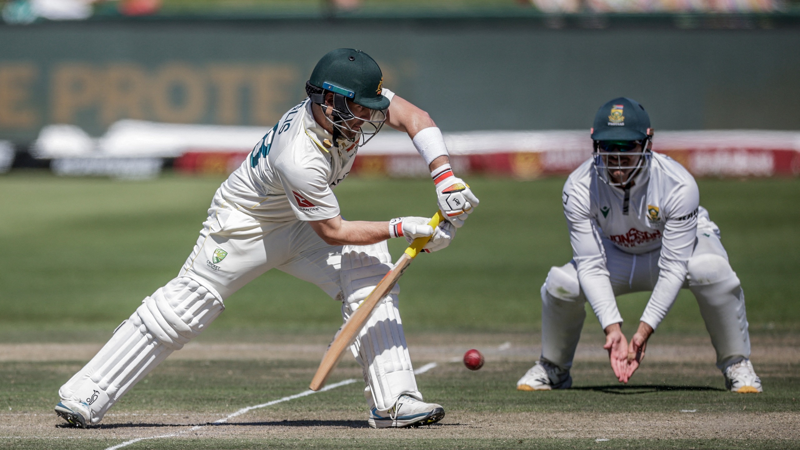 Australia's Josh Inglis plays a shot during day two of the third Test match between South Africa and Australia at Newlands stadium in Cape Town
