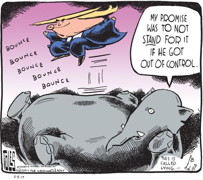 Political Cartoon U.S. GOP rolls over for Trump out of control
