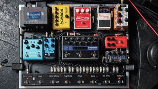 A pedalboard shot onstage