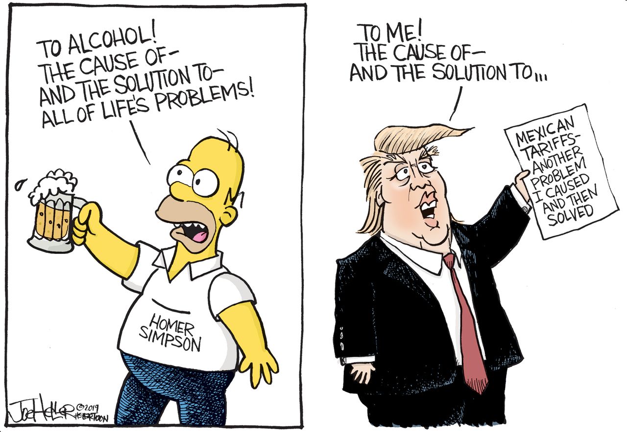 Political Cartoon U.S. Homer Simpson Alcohol Trump Tariffs Problem Solving