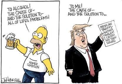 Political Cartoon U.S. Homer Simpson Alcohol Trump Tariffs Problem Solving