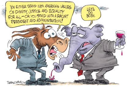 Political cartoon U.S. Trump racist comments GOP loyalty