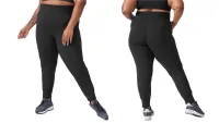 a side-by-side of a woman wearing the Universal Standard Copper Motion Jogger, one of w&h's best plus-size leggings picks, at two different angles