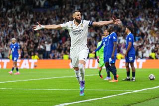 Karim Benzema celebrates after scoring for Real Madrid against Chelsea in the Champions League in April 2023.