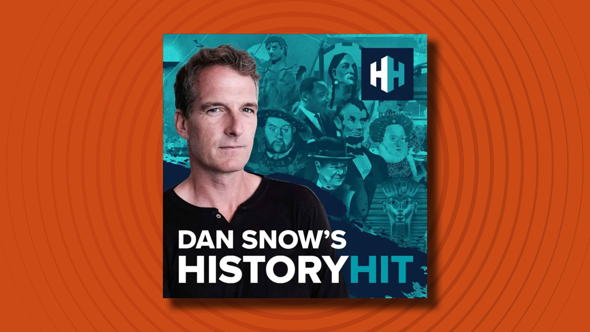 The logo of the Dan Snow's History Hit podcast on an orange background