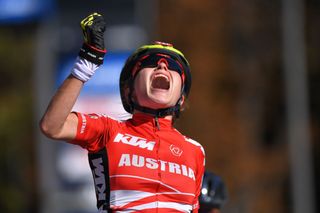 INNSBRUCK, AUSTRIA - SEPTEMBER 27: Arrival / Laura Stigger of Austria / Celebration / during the Women Juniors Road Race a 71,7km race from Rattenberg to Innsbruck 582m at the 91st UCI Road World Championships 2018 / RR / RWC / on September 27, 2018 in Innsbruck, Austria. (Photo by Tim de Waele/Getty Images)