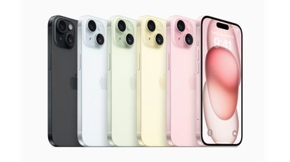 Apple iPhone 15 lined up in different colours