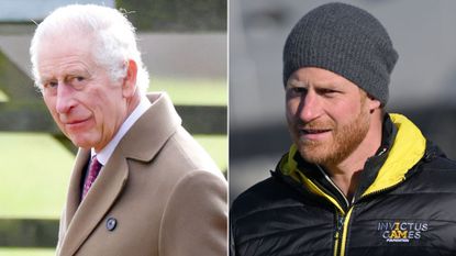 Composite of King Charles in Sandringham in February 2024 and Prince Harry in Canada in February 2024