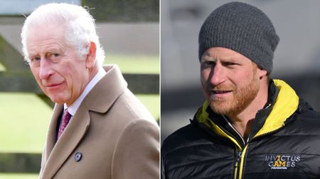 Composite of King Charles in Sandringham in February 2024 and Prince Harry in Canada in February 2024