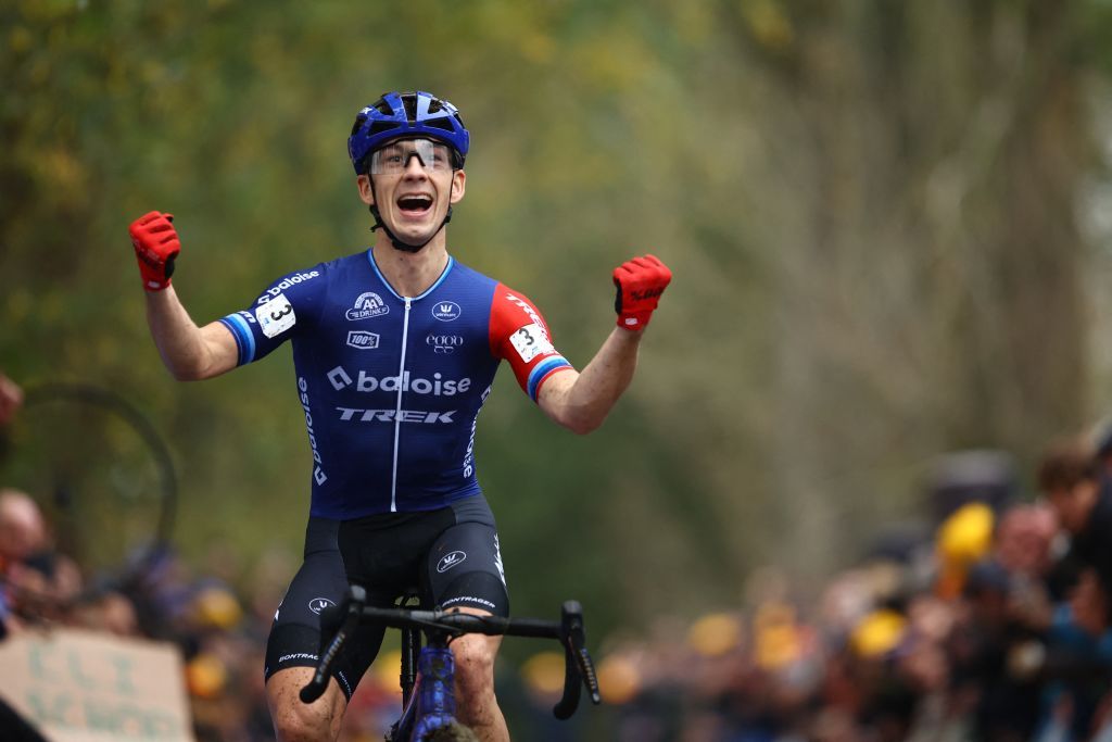 Dutch Lars Van Der Haar pictured at the finish line of the men elite race of the Koppenbergcross, the first race (out of eight) of the X2O Badkamers trophy cyclocross competition, in Melden, Oudenaarde, on .
BELGA PHOTO DAVID PINTENS (Photo by DAVID PINTENS / BELGA MAG / Belga via AFP)