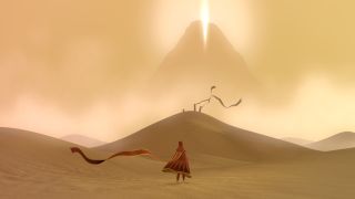 A player standing alone in a sandy landscape during Journey, one of the best PS3 games.