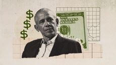 Photo collage of Barack Obama, a 100 dollar bill, and a chart in the background