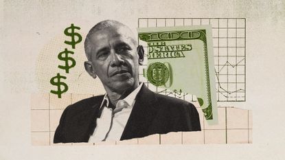 Photo collage of Barack Obama, a 100 dollar bill, and a chart in the background