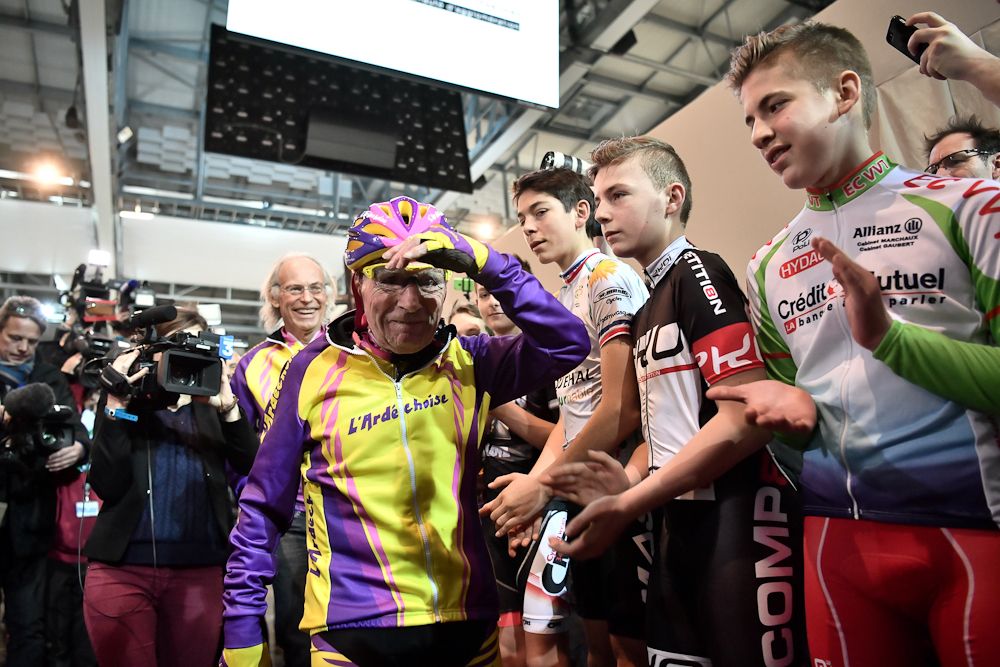 French centenarian cyclist Robert Marchand reacts after setting a one-hour track cycling World record at 22.547km in the over-105 age group