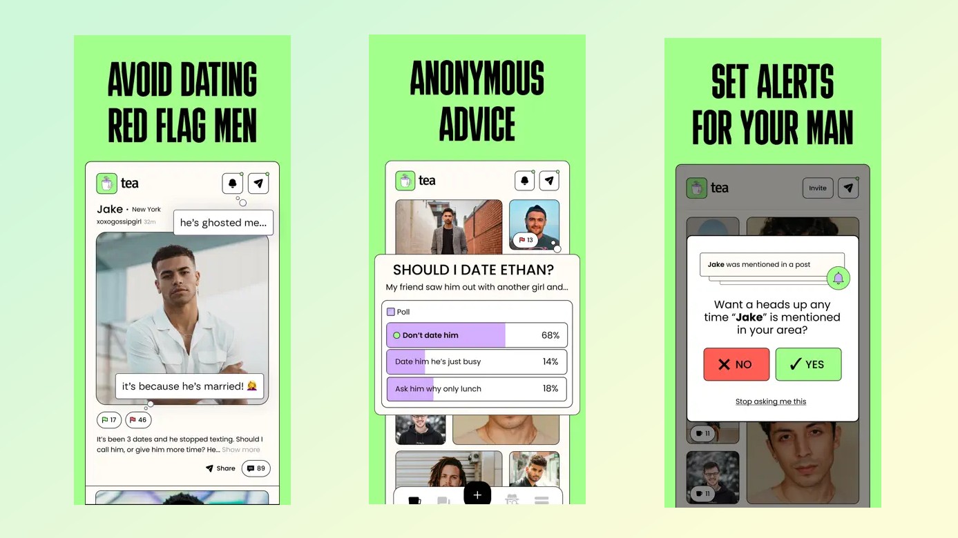 Screenshots of the Tea app taken from the App Store and put on a colored background