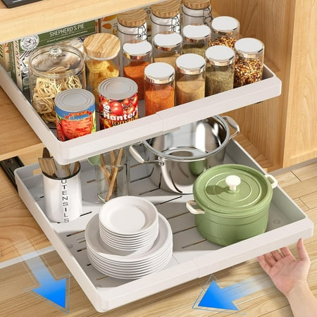 2 Pack Pull Out Cabinet Organizers Expandable (13&#039;&#039;-19&#039;&#039;), Slide Out Drawers for Kitchen, Bathroom, Pantry, Under Sink Storage, Pull Out Drawers Fixed With Adhesive Nano Film (white)