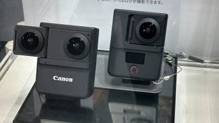 Canon Powershot concept 360-degree camera in display case at Photo Next Show 2023 in Japan