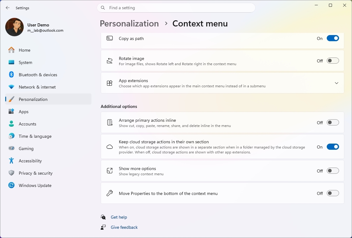 Windows 11 Settings shows Arrange primary actions inline option.