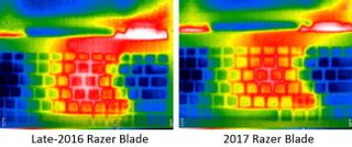 A close-up of the upper keyboard deck using an IR camera shows how the 2017 Razer Blade is significantly cooler (Click to enlarge).