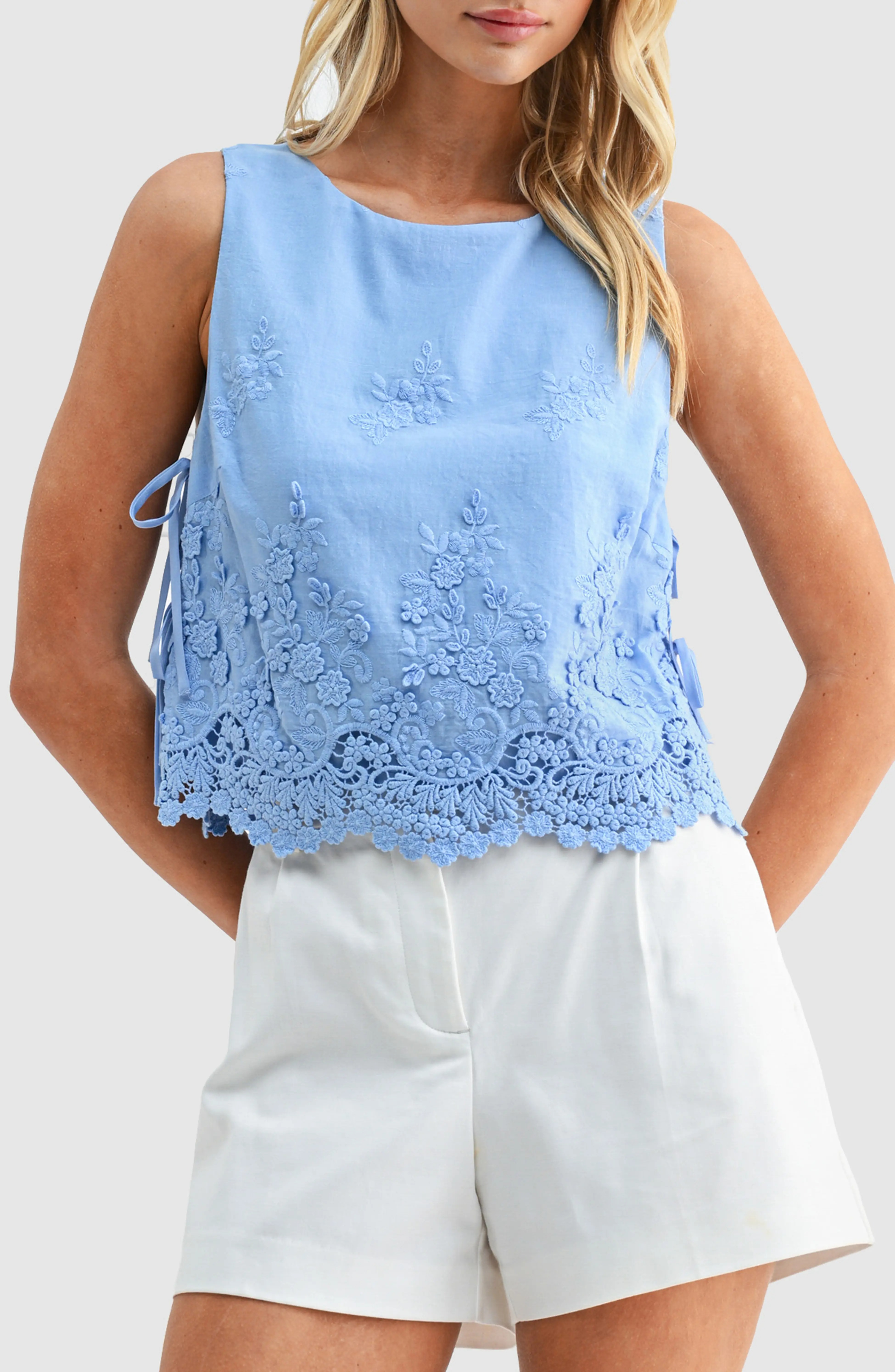 All in Favor, Eyelet Embroidered Side Tie Cotton Tank