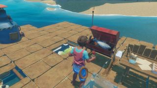 Player cooking a fish on a barbeque while holding a bottle of water