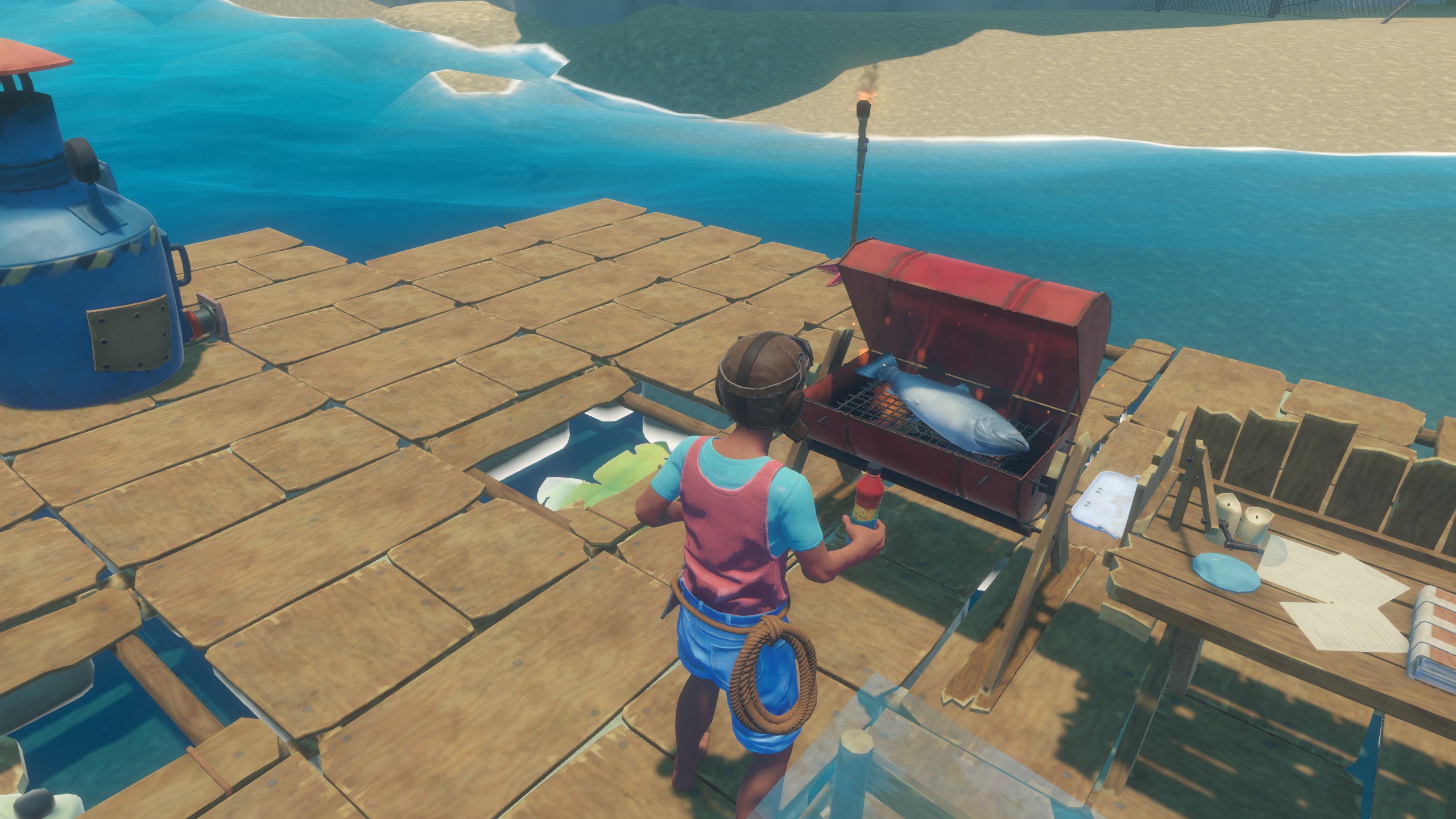 Player cooking a fish on a grill while holding a bottle of water