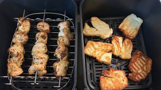 chicken and halloumi skewers cooked in the cosori dual basket air fryer