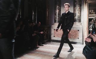 Mr Cavalli fell into fall with a buttoned-up uniform of navy and black.