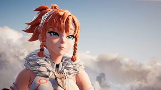 Palworld 1.0 cinematic trailer screenshot shows a woman with red hair looking off into the distance. 