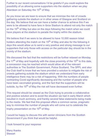 Letter from Rangers chief executive Stewart Robertson to Scottish Government offering to host 10,000 fans at Saturday's trophy presentation