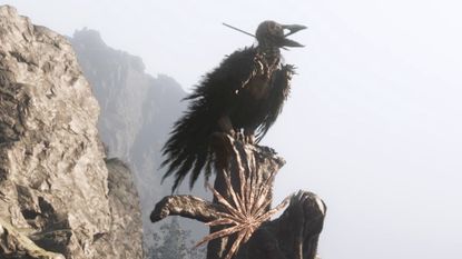 Ruk, a large black bird, sits atop a rock statue on the Mortal Shell 2 map