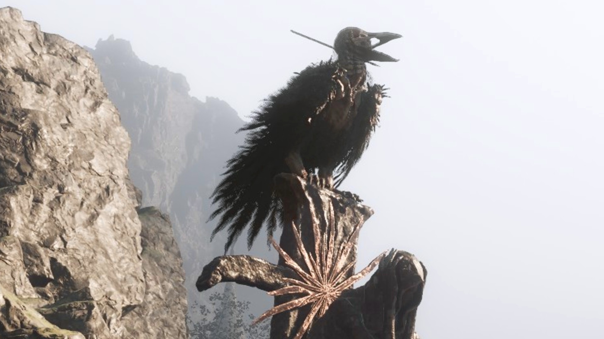 Ruk, a large black bird, sits atop a rock statue on the Mortal Shell 2 map