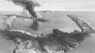 An illustration of the Santorini archipelago as the submarine volcano erupts.