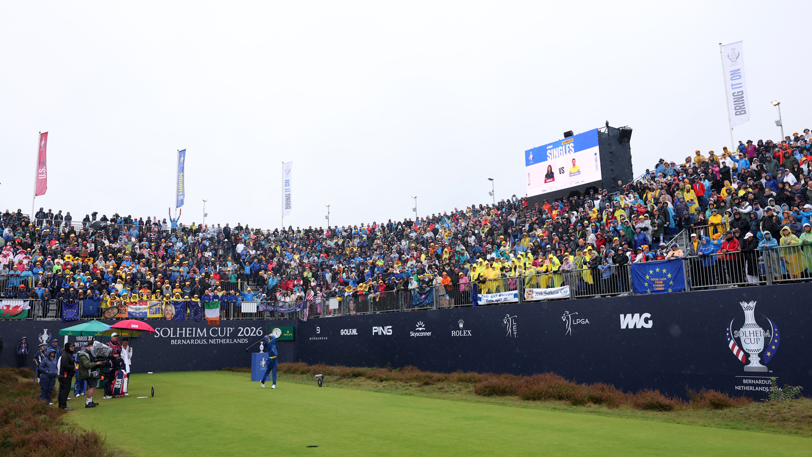 A golfer hits off the tee during the Solheim Cup