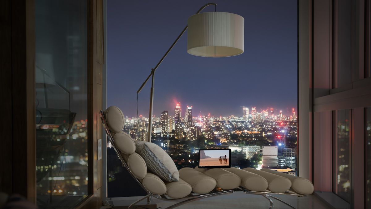 Nokia T20 on recliner overlooking city skyline