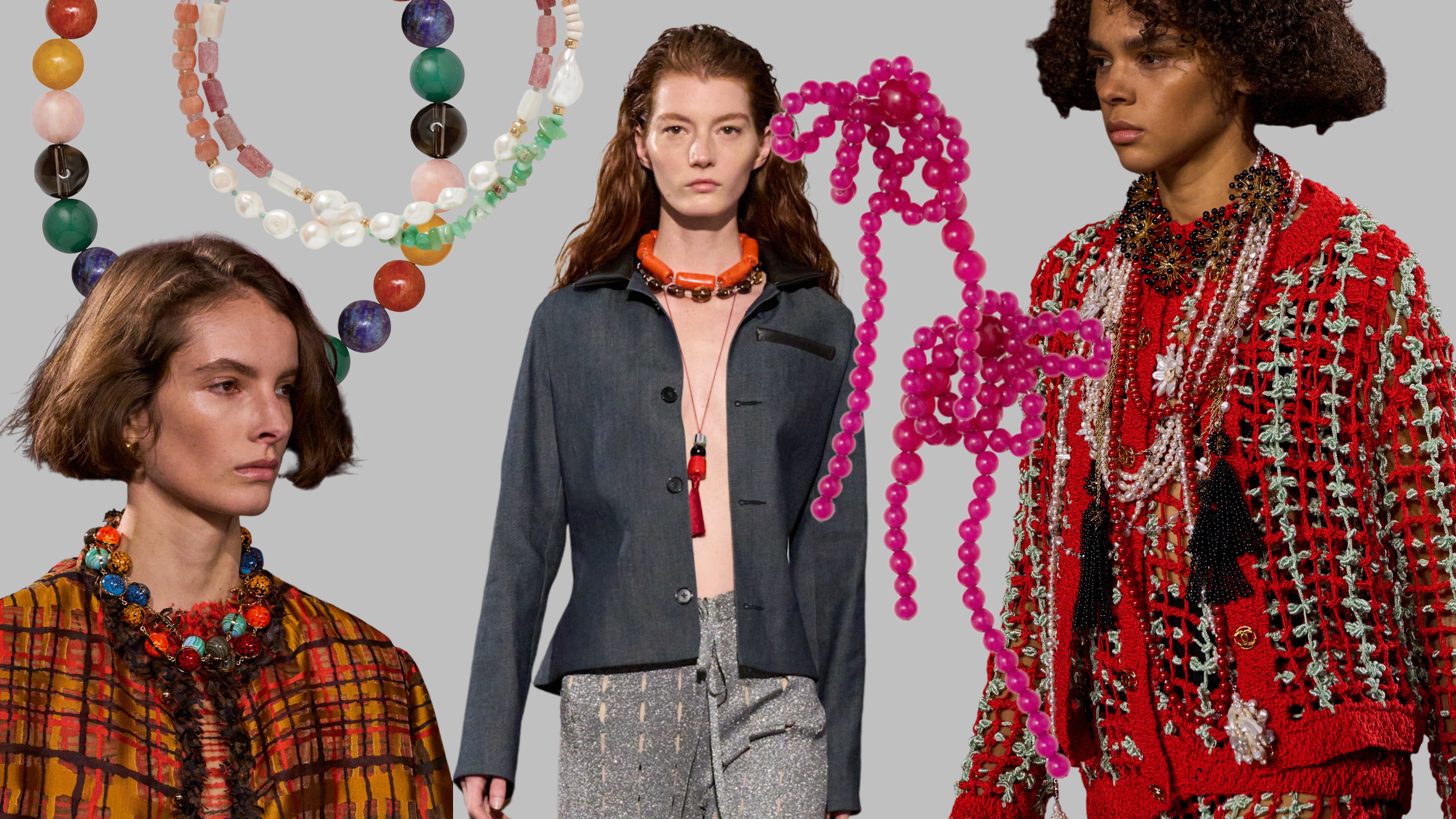 collage of beaded jewelry on the spring 2026 runways 