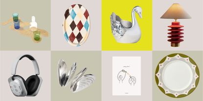 a collage or a raffia table runner, colorful bubble plate, swan-shaped ice bucket, red table lamp, headphones, shell-shaped tongs, greetings card, and kit kemp spode colorful plate