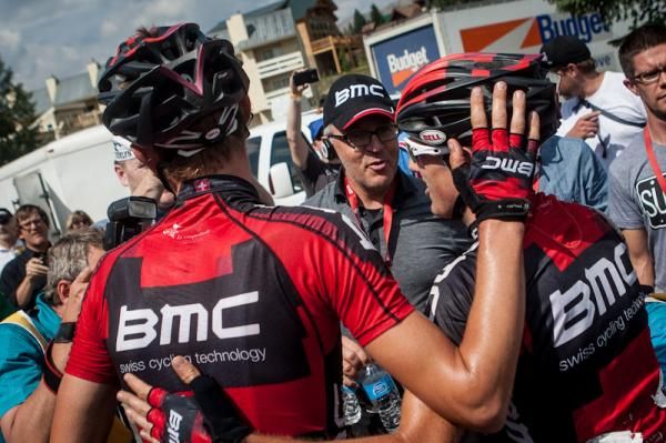 Tejay van Garderen (BMC) gets congratulated after his win.