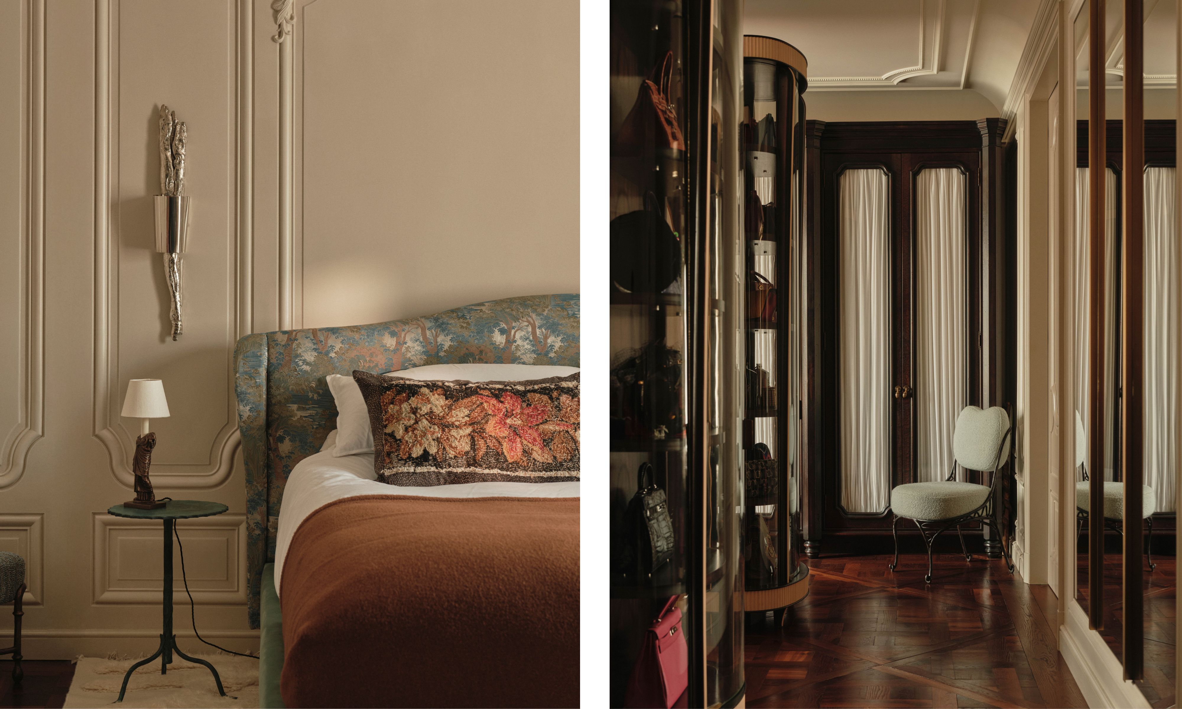 Left image: an elegant bedroom with cream paneled walls and a statement chrome wall light with a patterned headboard, white sheets, brown throw and a patterned throw pillow. Right: a walk in closet with white walls and a black soor with glass fronts