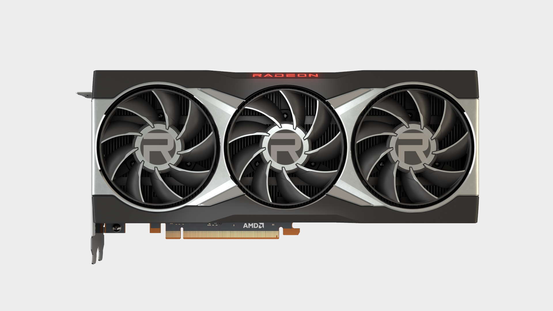 AMD Radeon RX 6000-series graphics card shot from above, fan view, on a blank background