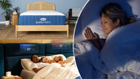 In the top left, the Bear Elite Hybrid mattress in our testing studio. Bottom left, two people sleeping in a bed with the Eight Sleep cooling mattress cover on. Right, a woman sleep peacefully at night
