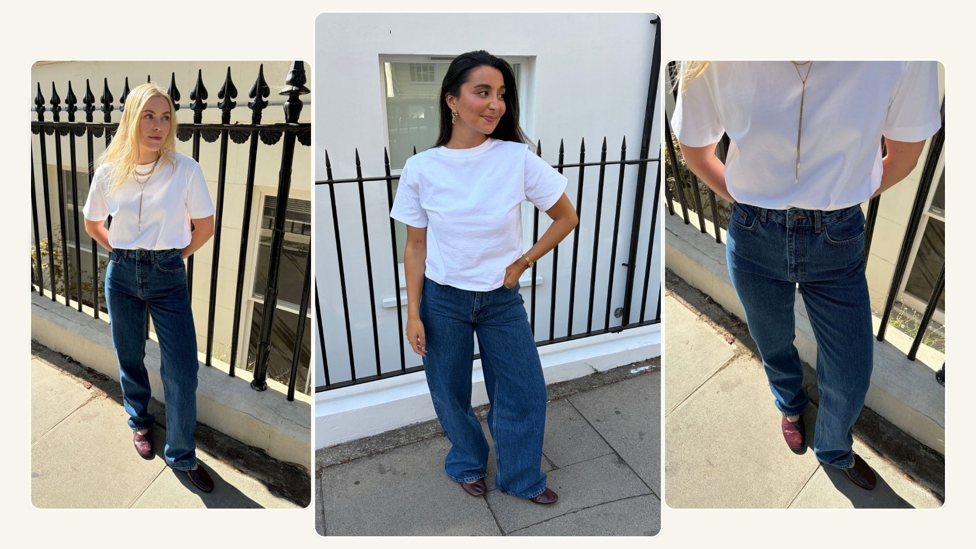 Shopping Editor Marina and Florrie wearing jeans and a white tee