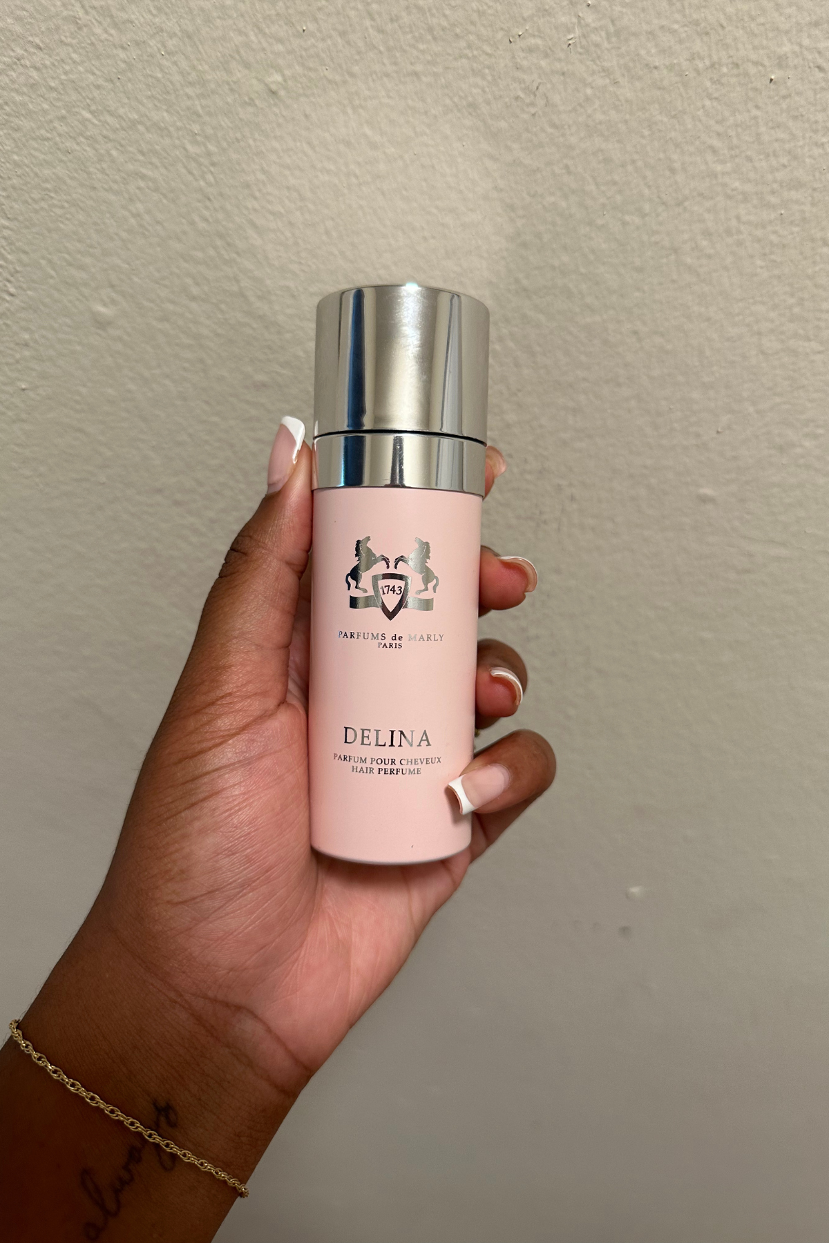 Ariel Baker testing Parfums de Marly Delina Hair Mist