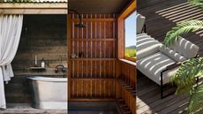 three images of outdoor spaces with bath tub, shower and seating