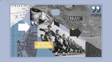 Photo collage of maps of the Middle East, Iranian soldiers and Benjamin Netanyahu