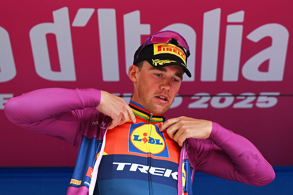 CASTELNOVO NE MONTI ITALY MAY 21 Mads Pedersen of Denmark and Team Lidl Trek celebrates at podium as Purple Points Jersey winner during the 108th Giro dItalia 2025 Stage 11 a 186km stage from Viareggio to Castelnovo ne Monti 715m UCIWT on May 21 2025 in Castelnovo ne Monti Italy Photo by Dario BelingheriGetty Images